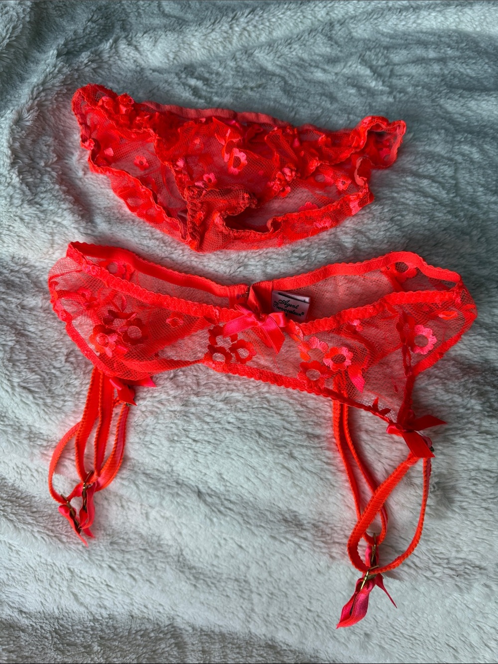 Neon Orange Floral Lace Garter Brief Set - Women Intimates